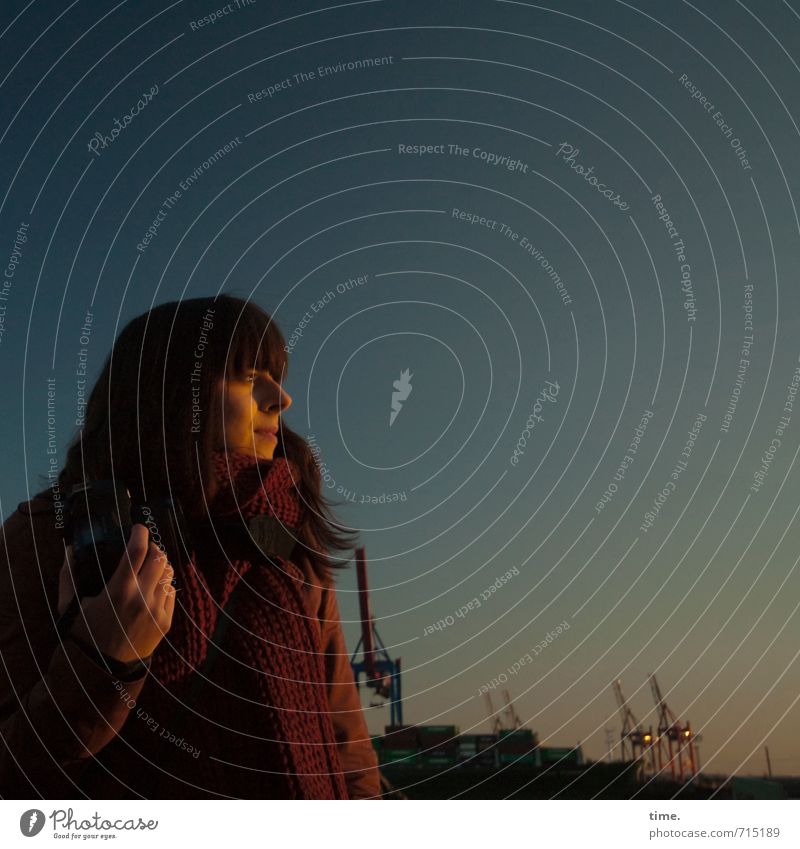 Abendlicht Güterverkehr & Logistik feminin Frau Erwachsene 1 Mensch Himmel Horizont Schönes Wetter Hamburg Hamburger Hafen Jacke Schal Fotokamera beobachten