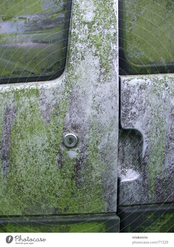 Moosauto grau grün Fenster Karosserie Schlüsselloch Autotür Griff Schrott Reinigen silber Detailaufnahme PKW dreckig