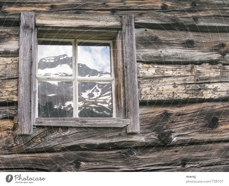 Mit Bergblick Frühling Felsen Alpen Berge u. Gebirge Gipfel Schneebedeckte Gipfel Hütte Architektur Berghütte Blockbohlen Holzhaus Fenster Glas eckig einfach