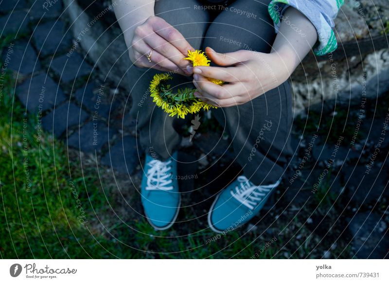 Junge Frau hält einen Kreis von Löwenzahnblüten in der Hand. Mensch feminin Jugendliche Finger 1 18-30 Jahre Erwachsene Frühling Sommer Schönes Wetter Blüte