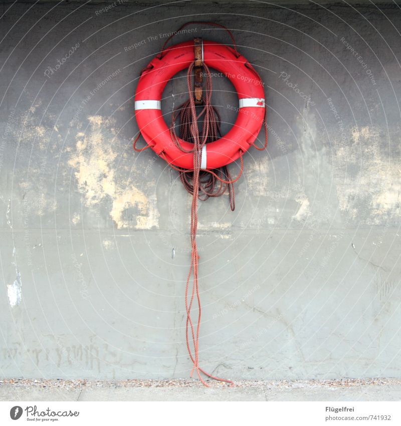 Rettungsring Knoten hängen rot Seil Notfall Wasserrettung Schwimmhilfe maritim Wand Symmetrie Schifffahrt Farbfoto Außenaufnahme Textfreiraum links