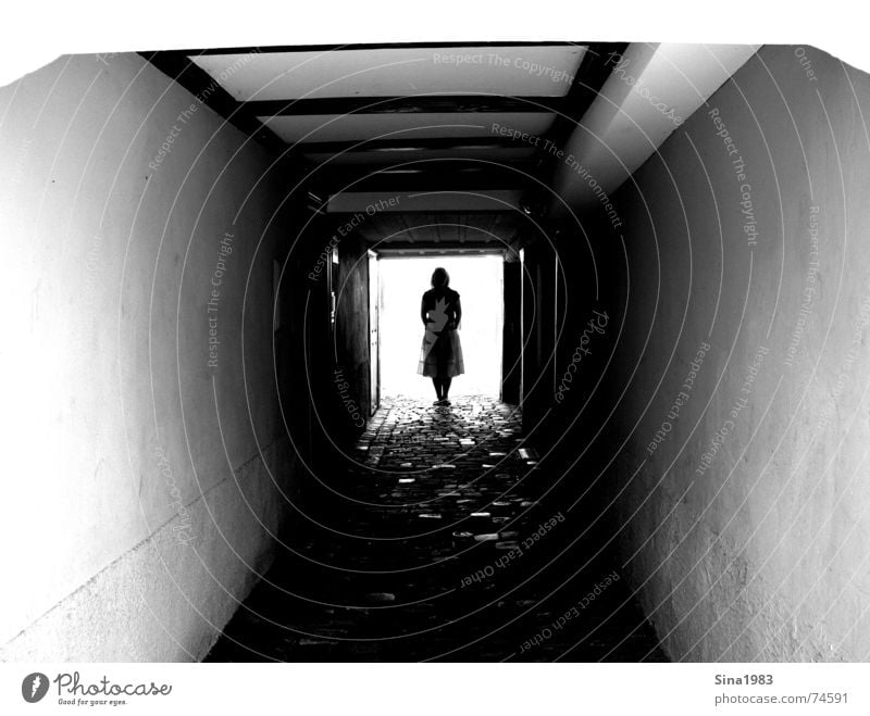 Licht am Ende des Tunnels tief dunkel Gasse feminin Frau Holz Wand schwarz weiß Einsamkeit Denken Außenaufnahme hell Mensch Decke Balken Schwarzweißfoto