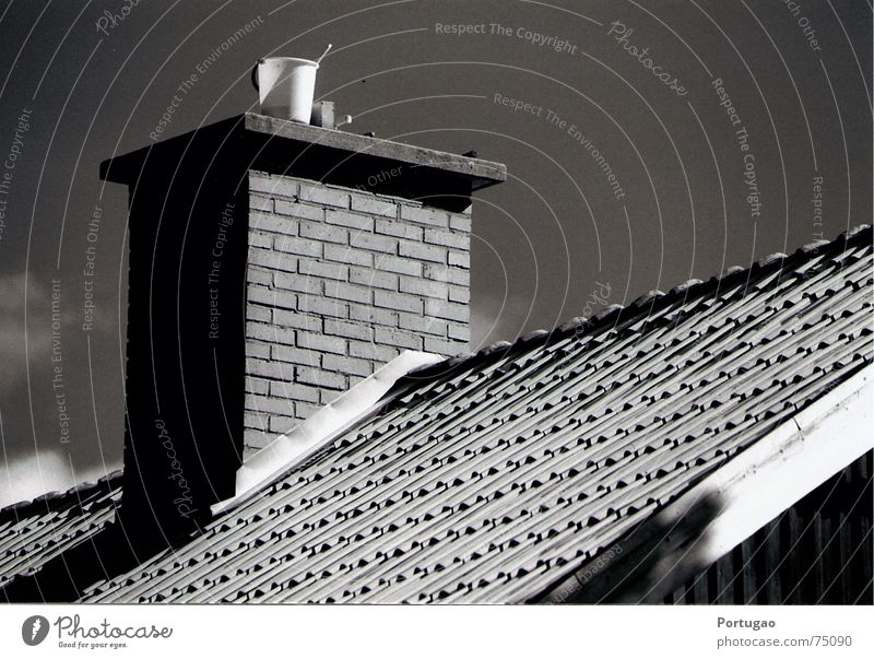 Eimer auf dem Dach Himmel Backstein grau schwarz weiß Dachziegel dachsims Schwarzweißfoto Außenaufnahme Menschenleer Schatten Sonnenlicht Sonnenstrahlen