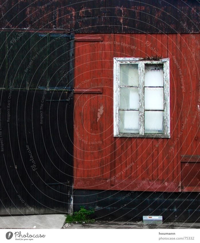 Old red wood house I rot Dänemark Fenster schwarz getragen Detailaufnahme verfallen Tür old worn window door black alt hölzernes haus