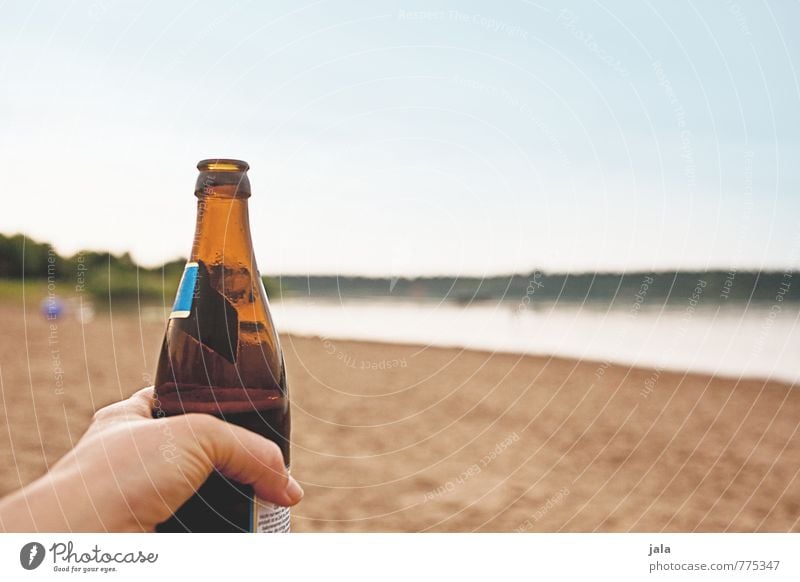 kühles blondes Getränk Erfrischungsgetränk Alkohol Bier Flasche Hand Finger Natur Landschaft Himmel Seeufer lecker Durst Durstlöscher Farbfoto Außenaufnahme Tag