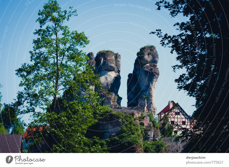 Fränkische Bären, Steinernes Naturdenkmal, sehen aus wie Bären,auch ein  Fachwerkhaus steht daneben, in Tüchersfeld - Franken / Bayern, Freude ruhig