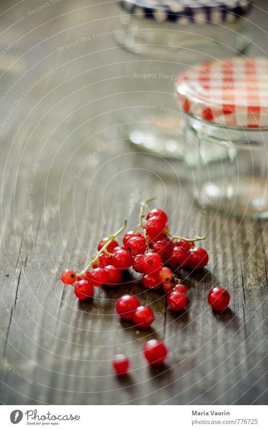 Vorbereitung 3 Lebensmittel Frucht Marmelade Ernährung frisch lecker saftig süß rot Beeren Johannisbeeren Marmeladenglas Einmachglas Holztisch Farbfoto