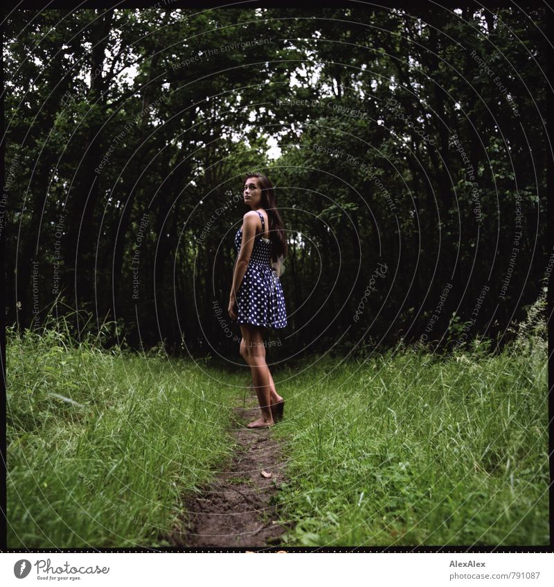 Das Mädchen im Wald Ausflug Abenteuer Junge Frau Jugendliche Beine 18-30 Jahre Erwachsene Natur Baum Sträucher Fußweg Sommerkleid gepunktet Barfuß brünett