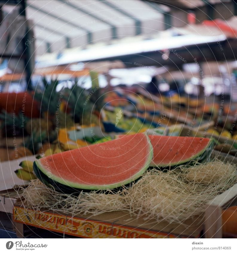 Markttag Lebensmittel Frucht Melone Ananas Banane Ernährung Vegetarische Ernährung Handel Marktstand Obst- oder Gemüsestand Obstkiste Duft frisch Gesundheit