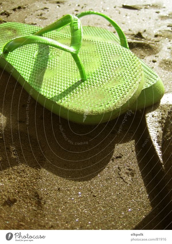 krass grüne Flip Flops Flipflops Sommer Strand Meer Ferien & Urlaub & Reisen Sandale Schuhe Sonne Gelassenheit ruhig Erholung Schlappen Badestelle beige