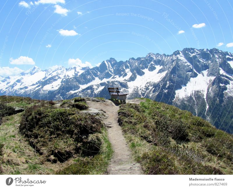 Bank auf Aussichtspunkt in den Bergen Ferien & Urlaub & Reisen Ausflug wandern Berge u. Gebirge Natur Landschaft Himmel Frühling Schönes Wetter Sträucher Hügel