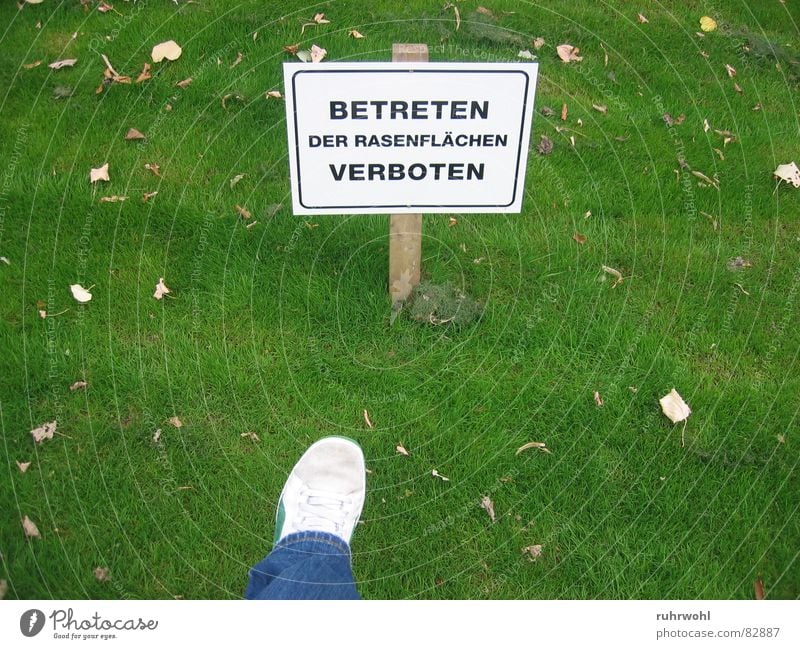 Betreten verboten! gesättigt grün Ordnung Rasen Schuhe Gift Wiese unnatürlich Verbote gefährlich eng Einschränkung Außenaufnahme Garten Park grünstreifig Fuß
