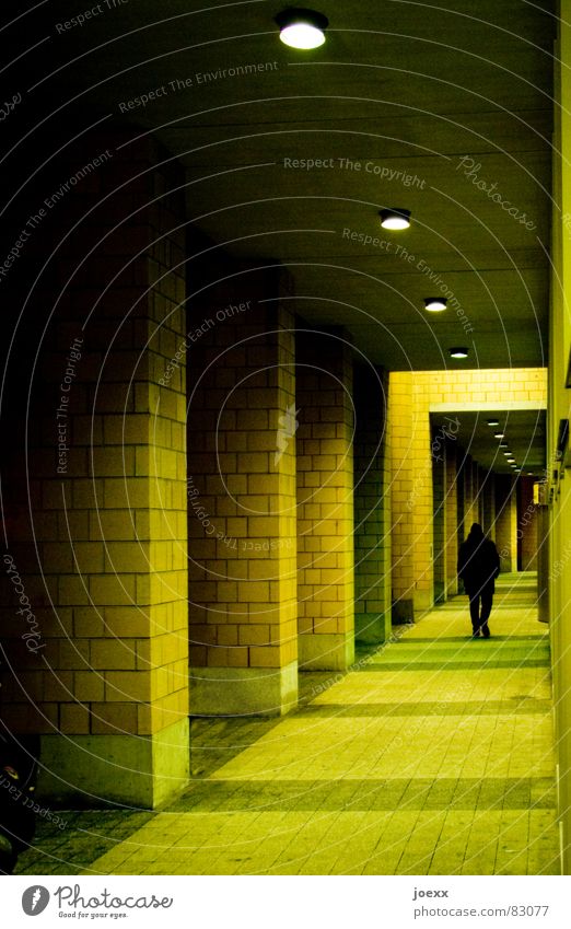 The Green Mile trist Durchgang lang dunkel Beleuchtung Unendlichkeit Bürgersteig Haus Backstein Einsamkeit Fußgänger Licht anonym Nachtaufnahme Lebenslauf