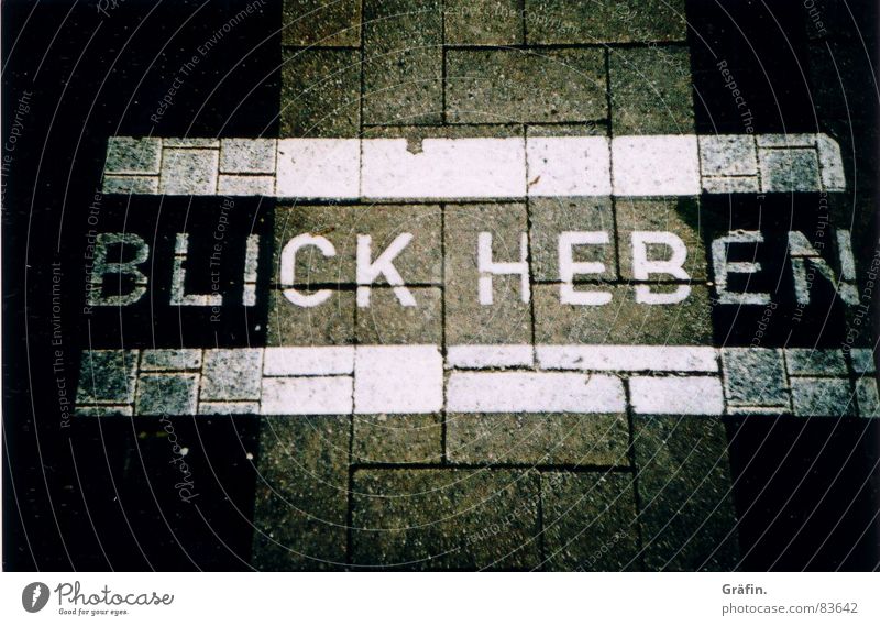 Blick heben Bürgersteig Xpro Kunst Fußgänger provokant grau Buchstaben heften fixieren Asphalt Schriftzeichen Perspektive Straßenbelag Aussehen Lomografie