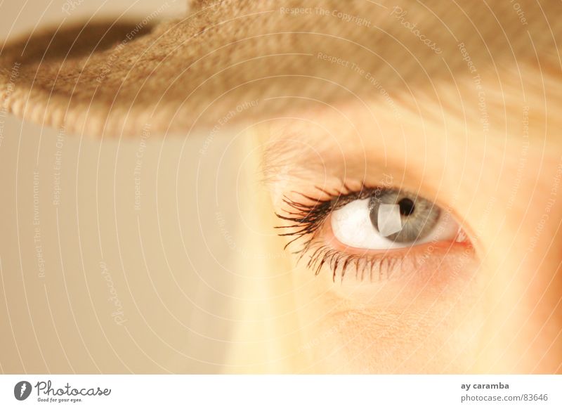 Augenblick Blick blau blond Hut schön ästhetisch Frau Kraft blaue Augen Momentaufnahme