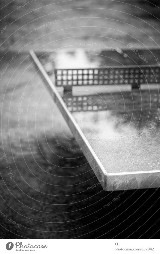 pitsch patsch ping pong Tischtennis Tischtennisplatte Herbst schlechtes Wetter Regen nass Pause Sport Schwarzweißfoto Außenaufnahme Menschenleer