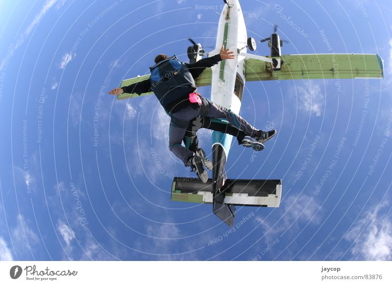 Sky Jump Abdeckung springen Blauer Himmel Extremsport aeroplane adrenaline extremal sport skydive sky jump jump out airplane jumpstart jump-start