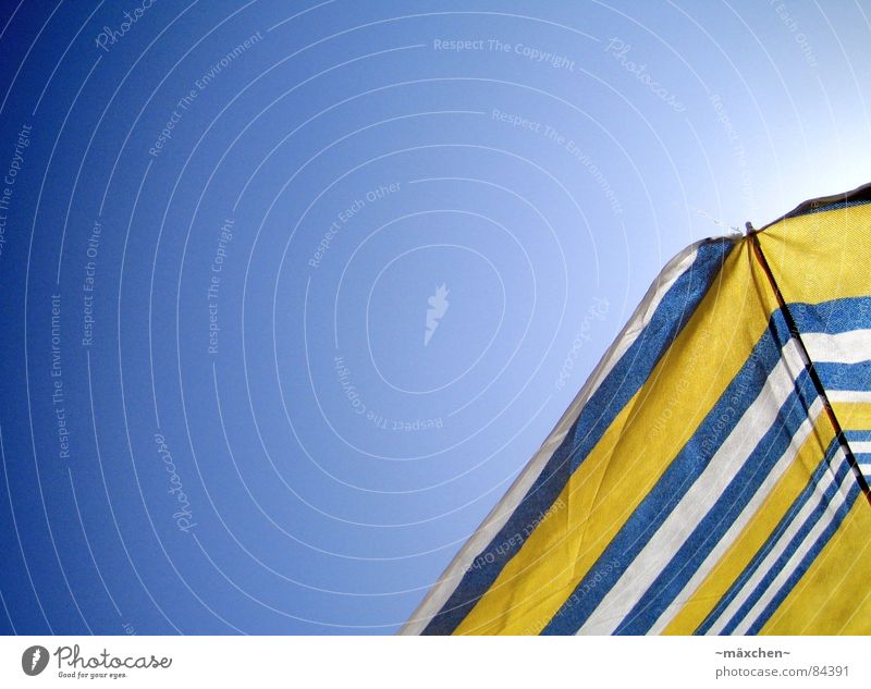 summerfeeling Sonnenschirm gelb weiß Himmel Strand Sommer Schnellzug Physik Sonnenbad genießen Ferien & Urlaub & Reisen Erholung Froschperspektive Freude blau