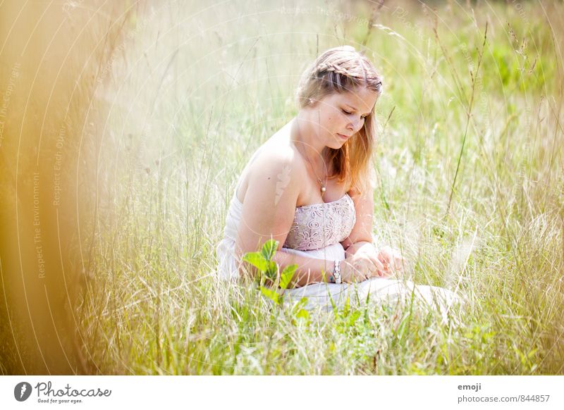 Wiese feminin Junge Frau Jugendliche 1 Mensch 18-30 Jahre Erwachsene Umwelt Natur Landschaft Sommer Schönes Wetter Feld natürlich grün sitzen Farbfoto