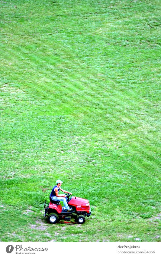 Der Rasenmähermann Wandel & Veränderung Traktor Portugal Wiese grün rot Streifen Strukturen & Formen groß klein Arbeit & Erwerbstätigkeit fahren Feld Gras
