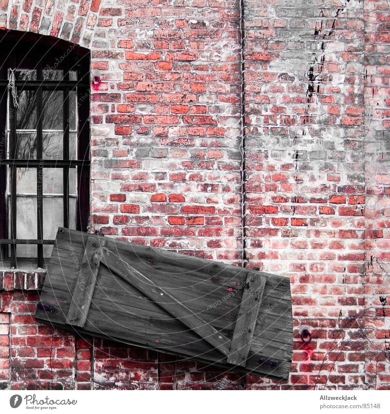 Sturmschäden Wand Mauer rot Backstein Holz Holztür Tor Quadrat Eingang schön schick alt Altbau Müdigkeit Lehm Durchgang Portal schäbig Fenster Fensterladen