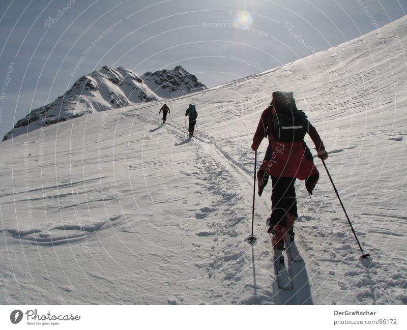 Einzelgänger Winter Höhenrausch wandern Sonnenlicht Wintersport Skitour Sport Schnee Berge u. Gebirge Gletscher Eis Frost Skifahren Skier einzeln Lücke