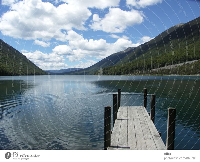 Lake Rotoiti, Neuseeland See Steg ruhig Wolken Frieden Berge u. Gebirge Wasser tief stehbolzen Wege & Pfade