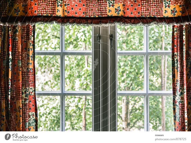 fenster ins grüne Häusliches Leben Wohnung Garten Innenarchitektur Dekoration & Verzierung Haus Fenster Vorhang Gardine Baum Farbfoto Innenaufnahme Tag