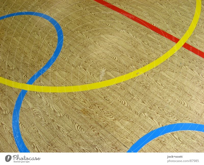 Schau Genau, Linien auf Holzimitat kreuzen Geometrie Spielfeld Treffpunkt gebraucht Linienstärke RGB Halbkreis Kurve Bogen DDR PVC Holzimintat Detailaufnahme