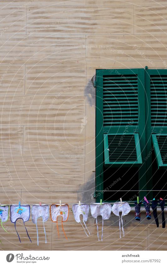Montag, Dienstag, Mittwoch, Donnerstag .... Waschtag! Lätzchen Wäscheleine Wand Fassade Fensterladen Italien Südeuropa Sommer Strümpfe Wäscheklammern grün beige