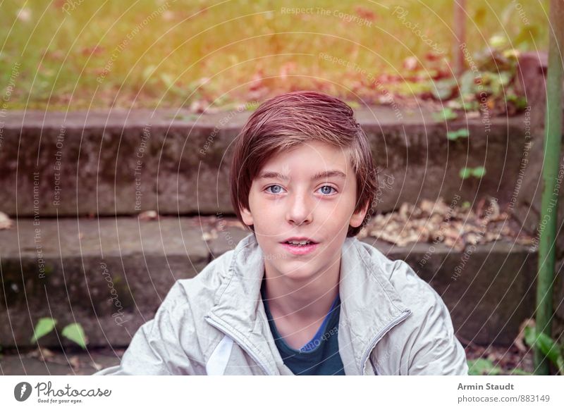 Porträt Mensch maskulin Jugendliche 1 13-18 Jahre Kind Gras Park Treppe Jacke brünett Lächeln sitzen ästhetisch Freundlichkeit einzigartig positiv schön Gefühle