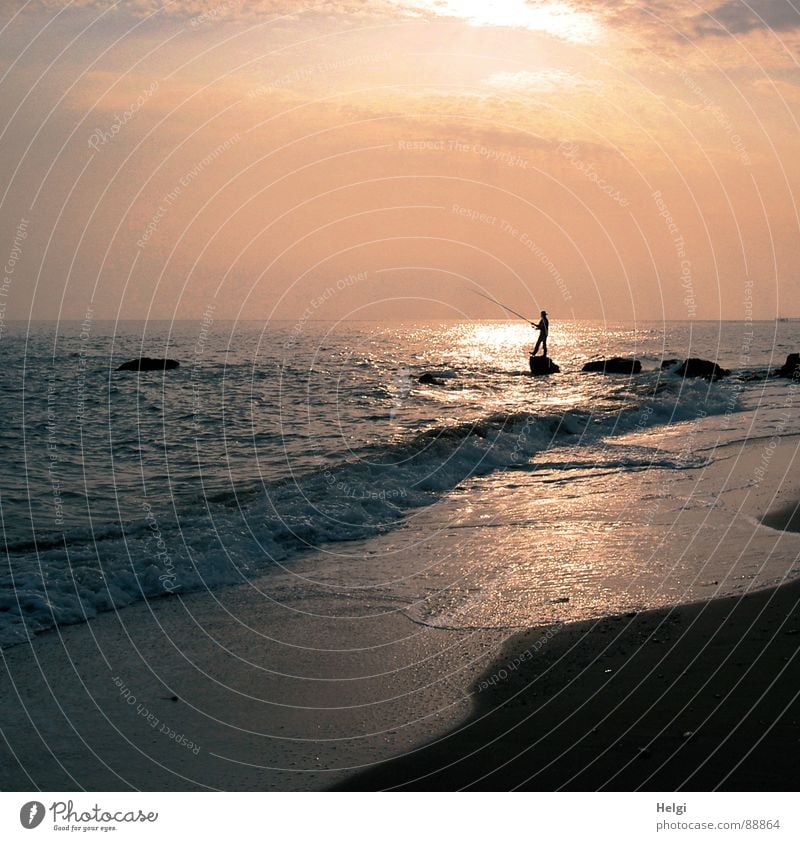 Silhouette eines Anglers am Strand in der Abendsonne Freude Erholung Freizeit & Hobby Angeln Ferien & Urlaub & Reisen Sommer Sonne Meer Wellen Mensch Mann