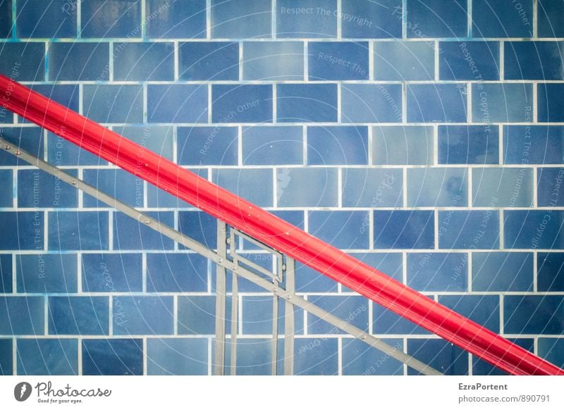red cross blue Haus Bahnhof Bauwerk Architektur Mauer Wand Fassade Linie ästhetisch blau rot quer Fliesen u. Kacheln Geländer festhalten Halt diagonal Design