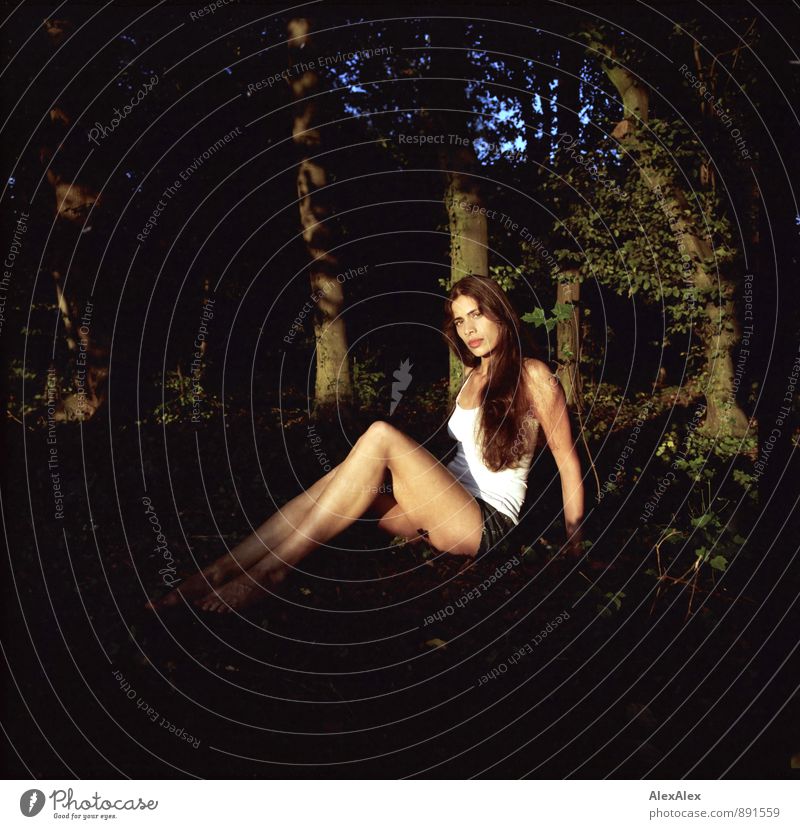junge, schöne, langbeinige, sportliche Frau sitzt barfuß auf einer Lichtung im Wald in der Abendsonne Ausflug Sommer Junge Frau Jugendliche Körper Beine