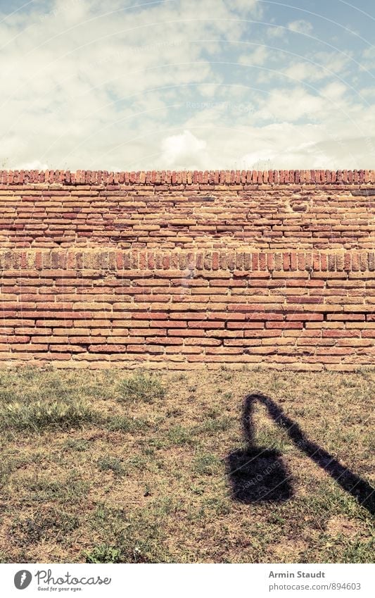 Wiese, Mauer, Himmel, Schatten Erde Sommer Schönes Wetter Straßenbeleuchtung Wand Backsteinwand ästhetisch authentisch einfach Ferne nah trist Stimmung ruhig