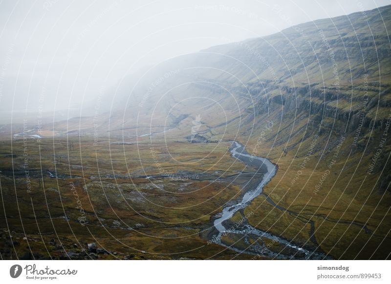 I'm in Iceland. Natur Landschaft Wolken Bach Fluss Horizont Idylle Ferien & Urlaub & Reisen Island grün Moosteppich Flußbett Nebel Dunst Berge u. Gebirge Tal