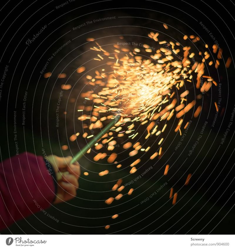 300 | Sprühende Funken Kind Hand Feuerwerk Feste & Feiern glänzend heiß hell gelb gold Freude Begeisterung Silvester u. Neujahr Farbfoto Außenaufnahme