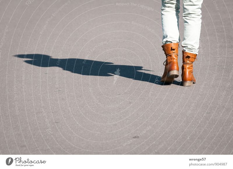 Wandertag Ausflug Mensch feminin Frau Erwachsene Beine 1 45-60 Jahre Bewegung gehen braun grau Rückansicht Straßenbelag Asphalt Sonnenlicht Schatten
