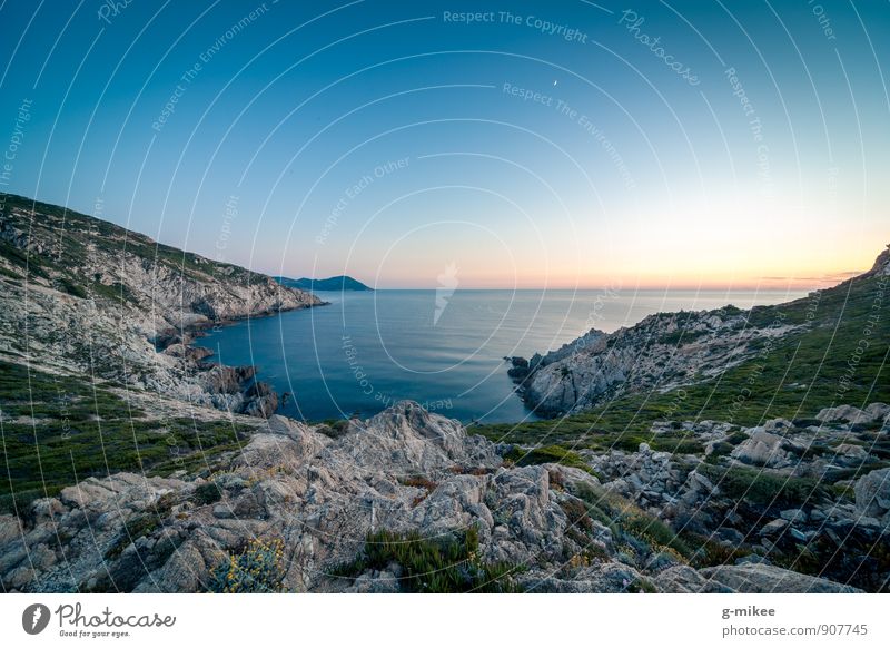 blaue Stunde Natur Landschaft Erde Luft Wasser Sonnenaufgang Sonnenuntergang Felsen Ferne frei groß Unendlichkeit Insel Korsika Mittelmeer Meer Farbfoto