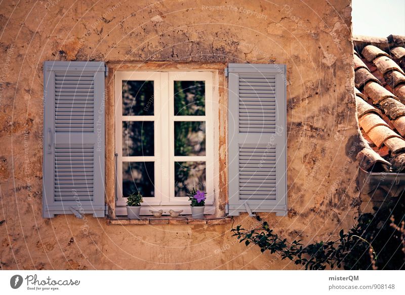 Über dem Kopf. Kunst ästhetisch Zufriedenheit mediterran Fenster Fensterladen Fensterscheibe Fensterbrett Fensterblick Fensterrahmen Fensterkreuz Fensterfront
