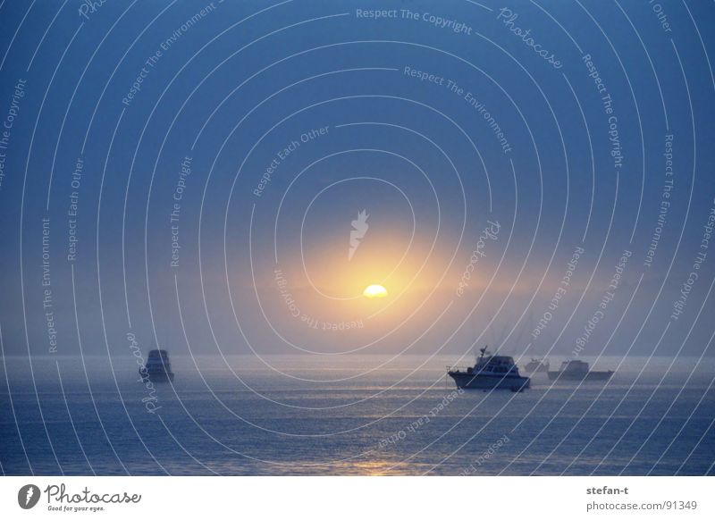licht am horizont Nebel Wasserfahrzeug Sportboot Meer Monochrom Stimmung ruhig Horizont Reflexion & Spiegelung diffus himmelblau Silhouette Neuseeland Nordinsel