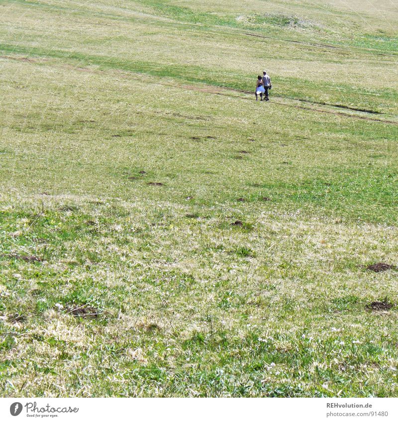 über de wiese grün Wiese Gras Spaziergang wandern Strukturen & Formen trocken April Fußweg Platz Ausflug Sommer Berge u. Gebirge Mensch Paar laufen Rasen röhn