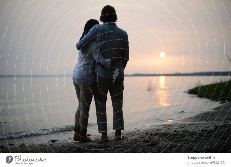 Paar im Sonnenuntergang maskulin feminin Junge Frau Jugendliche Junger Mann Partner 2 Mensch 18-30 Jahre Erwachsene Himmel Wolken Horizont Sonnenlicht Küste