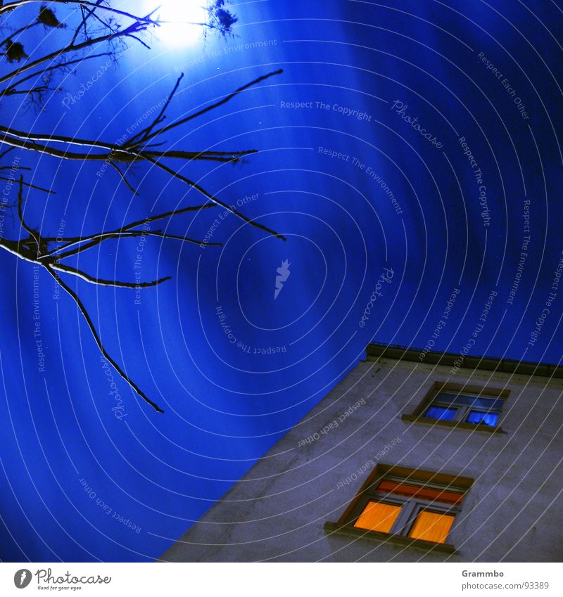 Hexenbesen auf 10 Uhr Nacht Haus Wolken kalt Wand Fenster Magdeburg Himmel blau orange Mond