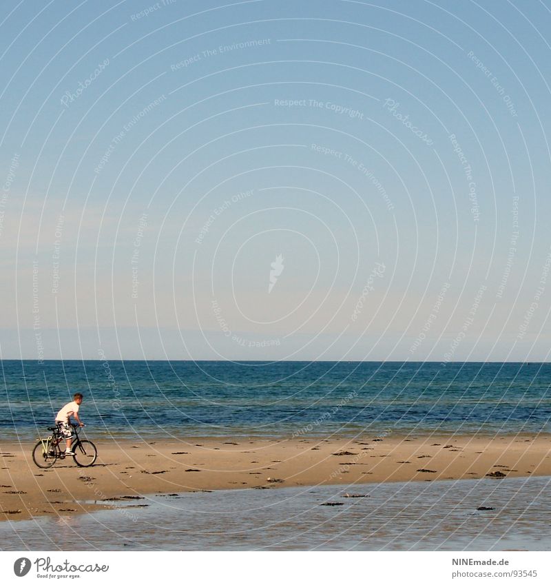 düsen ... Meer himmelblau Strand Sandbank Ebbe Fahrrad Radrennen Mut weiß beige körnig Pedal Ferne klein Wasser Freizeit & Hobby Himmel fahrad fahren Junge