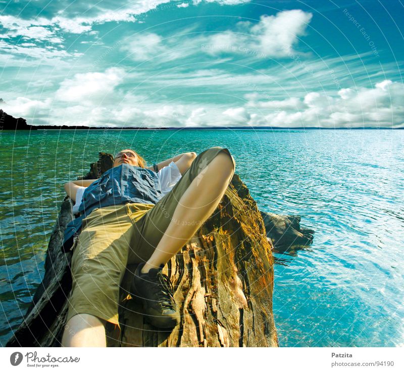 unendliche Weite See Meer Horizont Wolken Erholung Mann wandern Luft träumen schlafen Baumstamm Holz Seeufer Denken Pause ruhig Zeit Sommer Frieden Wasser