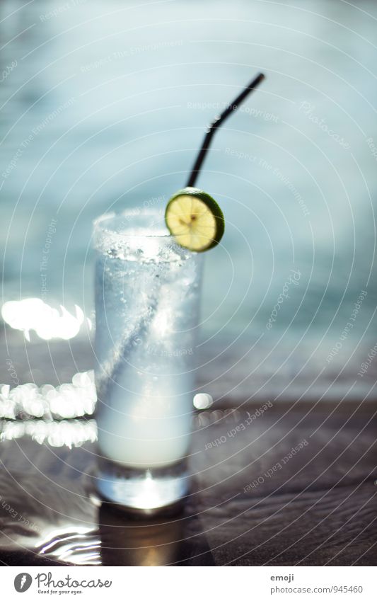 fresh! Limettenscheibe Getränk Erfrischungsgetränk Trinkwasser Glas Trinkhalm kalt blau Wasser nass Kühlung Sommer Farbfoto Außenaufnahme Nahaufnahme