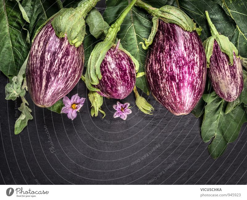 Auberginen mit Blättern und Blüten auf dunklen Schiefer Tisch Lebensmittel Gemüse Bioprodukte Vegetarische Ernährung Diät Lifestyle Design Gesunde Ernährung