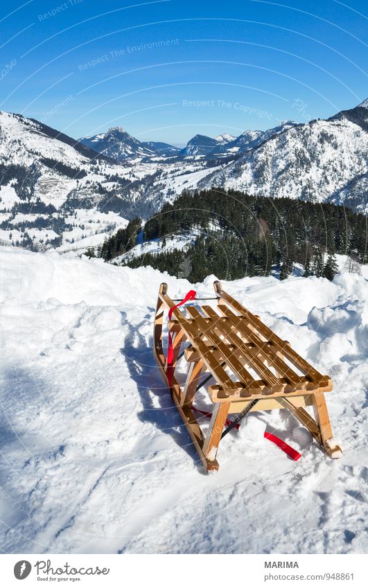 white winter land, wooden sledge Freude Erholung Ferien & Urlaub & Reisen Tourismus Winter Berge u. Gebirge Umwelt Natur Landschaft Wetter Wald Felsen Alpen