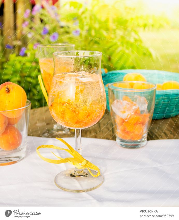 Glas mit Aprikosen Bowle Getränk auf Gartentisch Lebensmittel Frucht Dessert Ernährung Erfrischungsgetränk Limonade Saft Alkohol Sekt Prosecco Geschirr